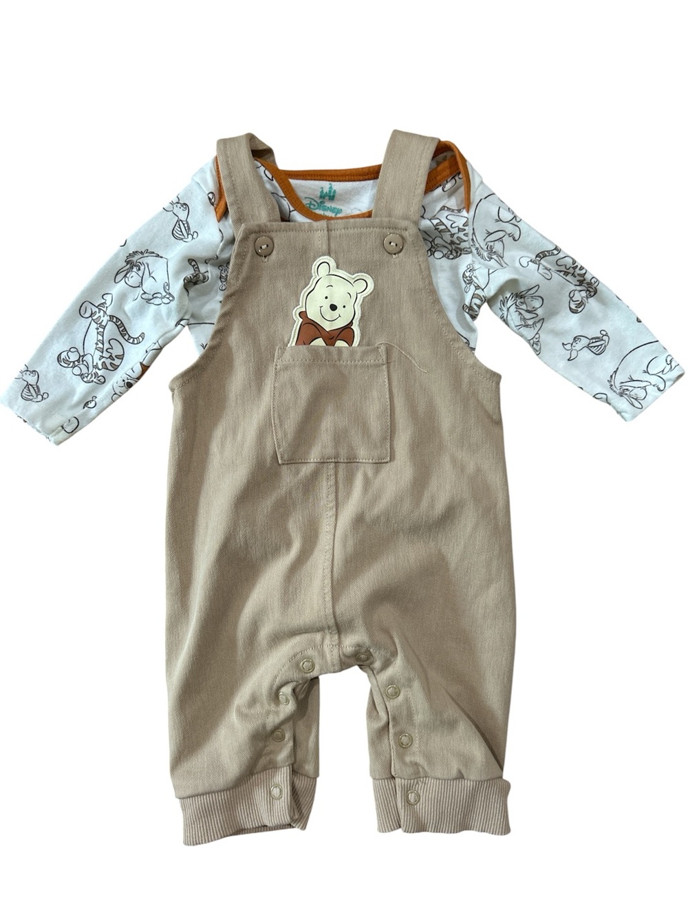 Disney Beige Winnie the Pooh Overalls with Printed Bodysuit